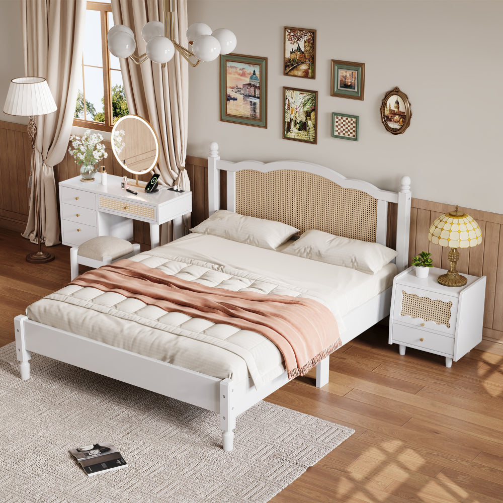 3 Pieces Bedroom Set with Queen Size Wooden Bed Frame, 1 Vintage  Nightstand and 1 Makeup Vanity Set with Stool,Black