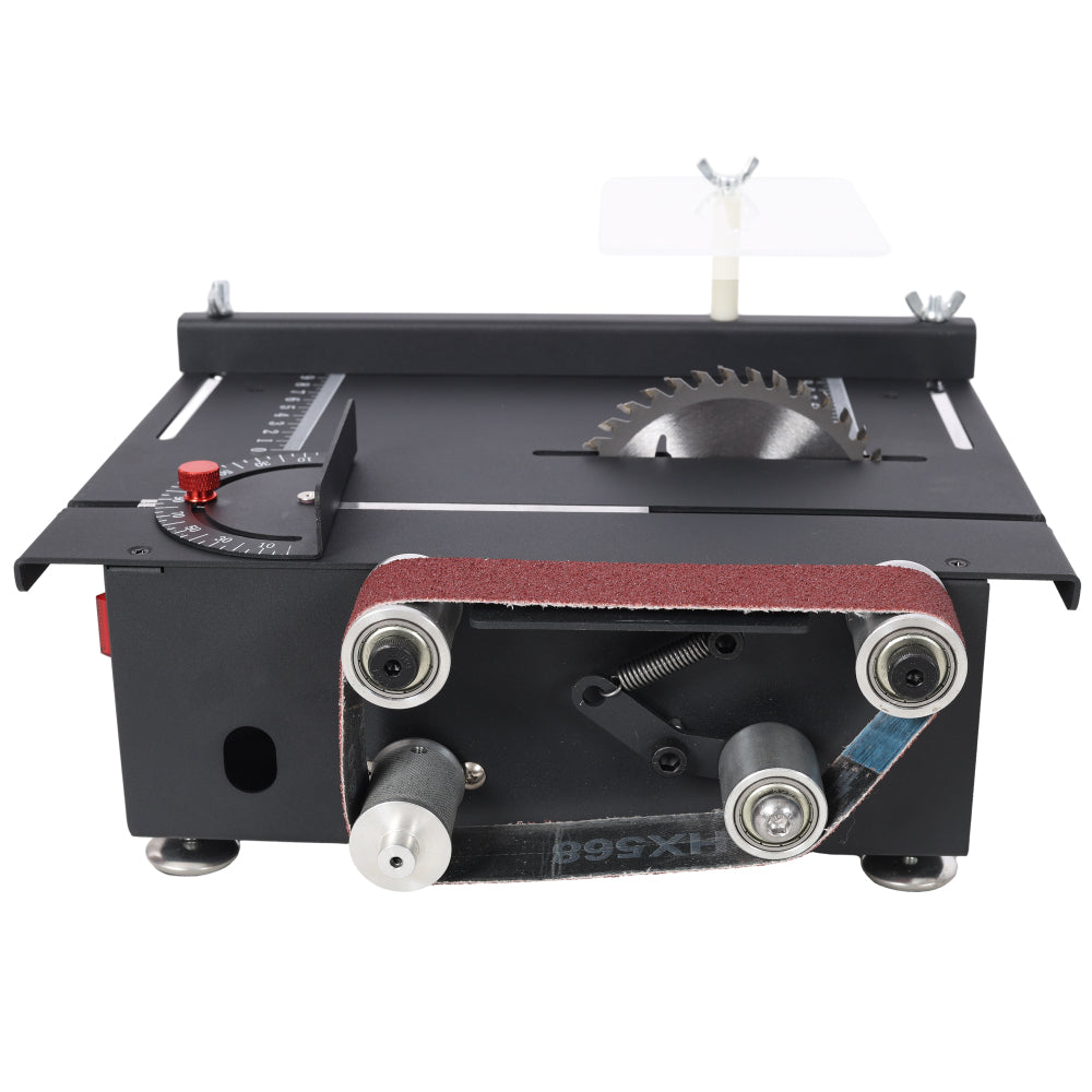 Mini Table Saw,Belt Sander,4pcs Blades,10pcs Sanding Blet,7 Gear Adjustable 0-90° Angle, Available for Wood/PCB/Acrylic/Plastic,DIY Model Crafts Cutting Tool