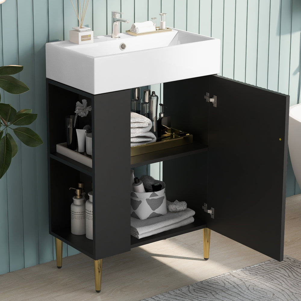 21.6" white Bathroom vanity, Combo Cabinet, Bathroom Storage Cabinet, Single Ceramic Sink, Left side storage
