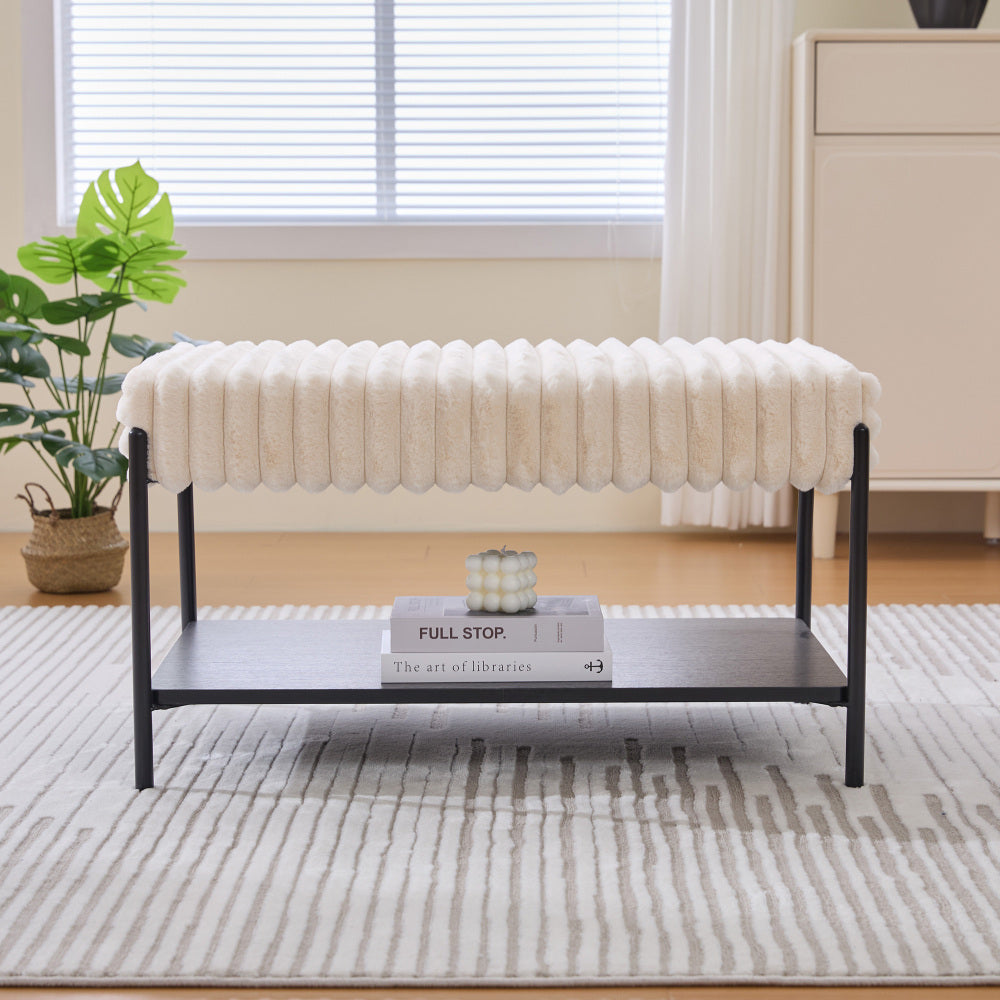 30.7"Wide Upholstered Ottoman Coffee Table Foot Rest with Black Metal Legs,Footstool with Wooden Open Storage Shelf, Faux Fur Foot Stool for Living Room Bedroom Entryway Hotel. Beige