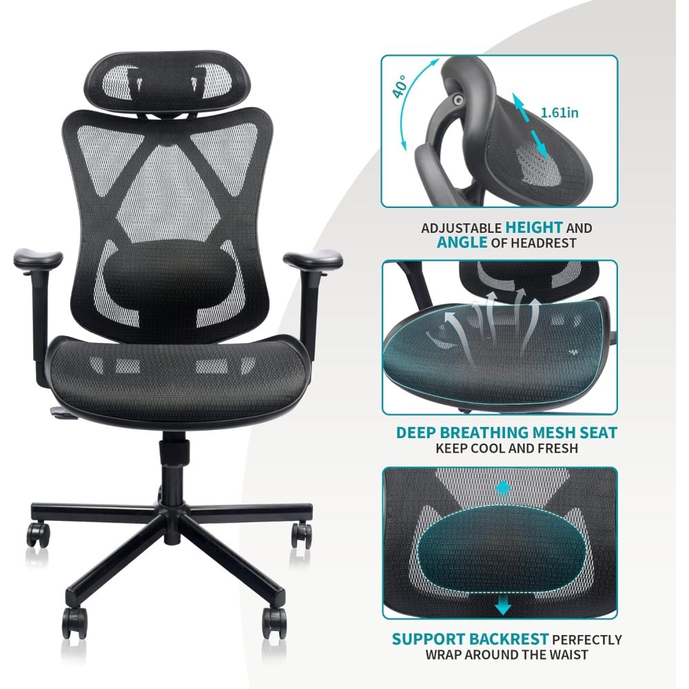 Mesh Office Chair,Ergonomic Office Chairs with Wheels,Adjustable Lumbar Support,Armrest,Headrest-Tilt High Back Desk Chair with Mute Wheel for Office, Home, Gaming