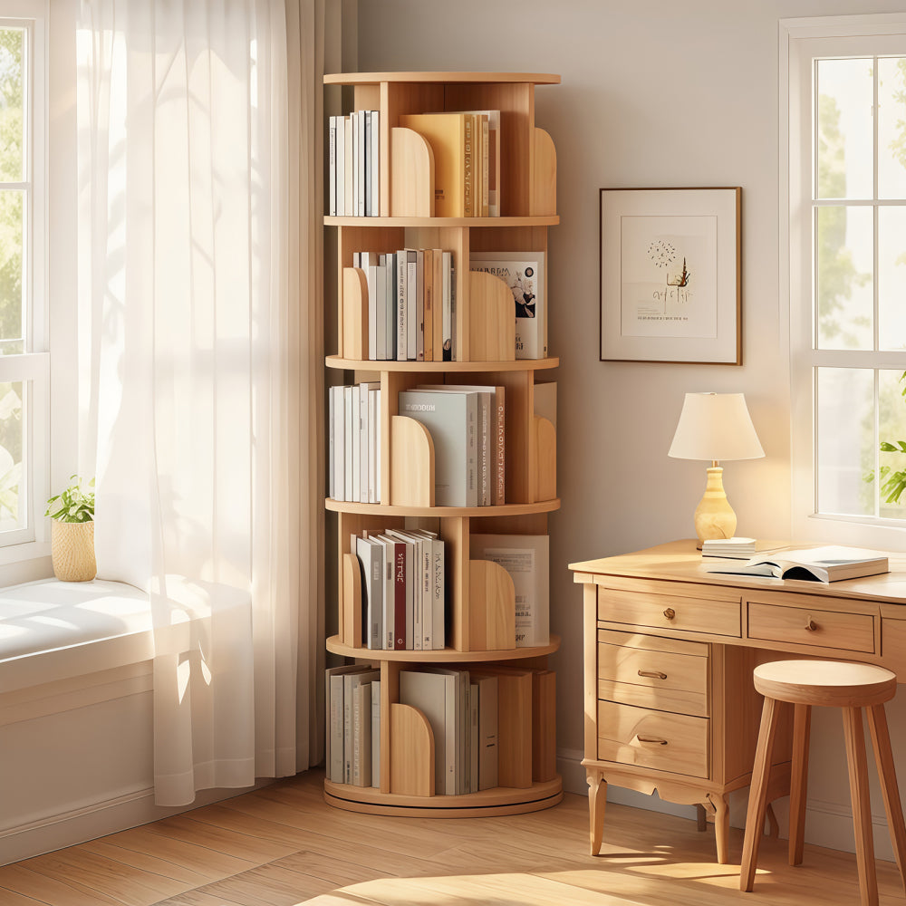 6 Tier Rotating Bookshelf, 360° Display Round Spinning Bookshelf with Wheels and Drawer, Space-Saving, Small Space Rotating Bookshelf Tower for Bedroom, Living Room, Home, Office, Wood Color