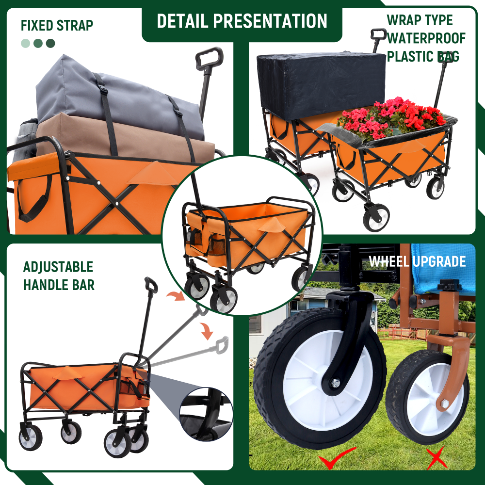 Minimeetall Multi-use Bag,Collapsible Foldable Wagon Cart Beach Wagon Heavy Duty Utility Cart Utility Wagon Grocery Cart for for Camping 3pcs plastic Liner bag /Cover , orange