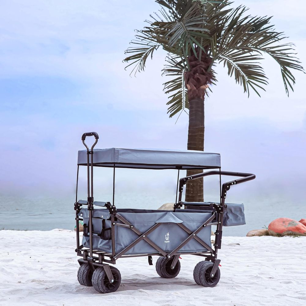 Collapsible Wagon 140L Wagons Carts Foldable with Removable Canopy, Folding Wagon Cart with Wheels for All-Terrain with Brake, Foldable Wagon with Cooler Bag, for Camping Beach Shopping