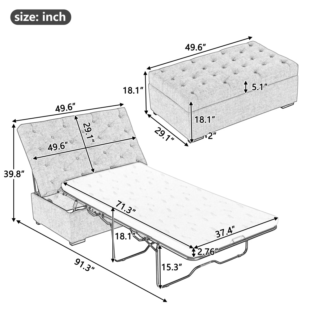 Folding Sofa Bed, 49.6" Ottoman with a Folding Sofa Bed, Convertible Ottoman Sleeper with Memory Mattress and Tufted Design for Living Room, Gray