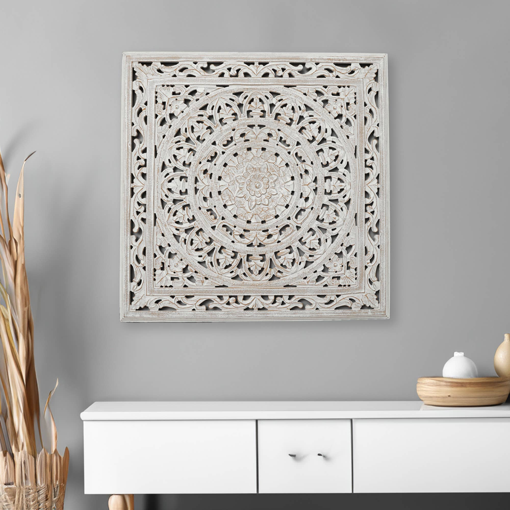 White Square Shape Handcrafted Wooden Wall Decor – 36"x36" Elegant Home Accent