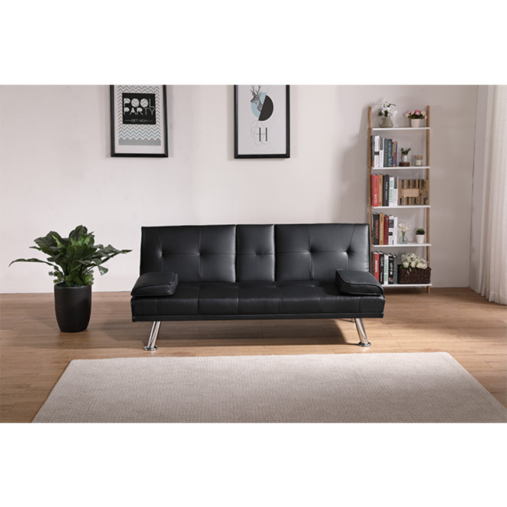 Black Leather Office Double Folding Sofa Bed with Matching Coffee Table, Multifunctional Design