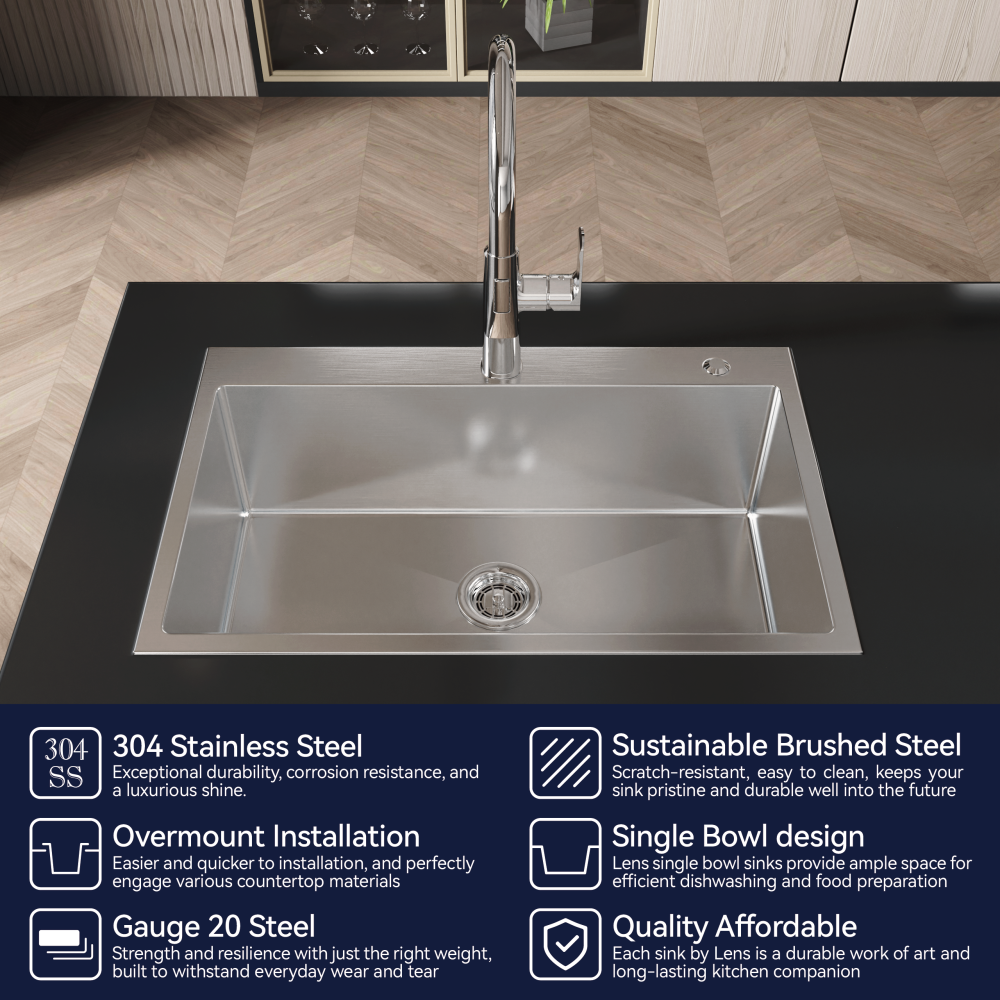 Stainless Steel Kitchen Sink, 30″x19″ Single Bowl, Overmount Handmade Sink in Brushed Nickel, with US Standard Drain and Hook, LS-SSBR04