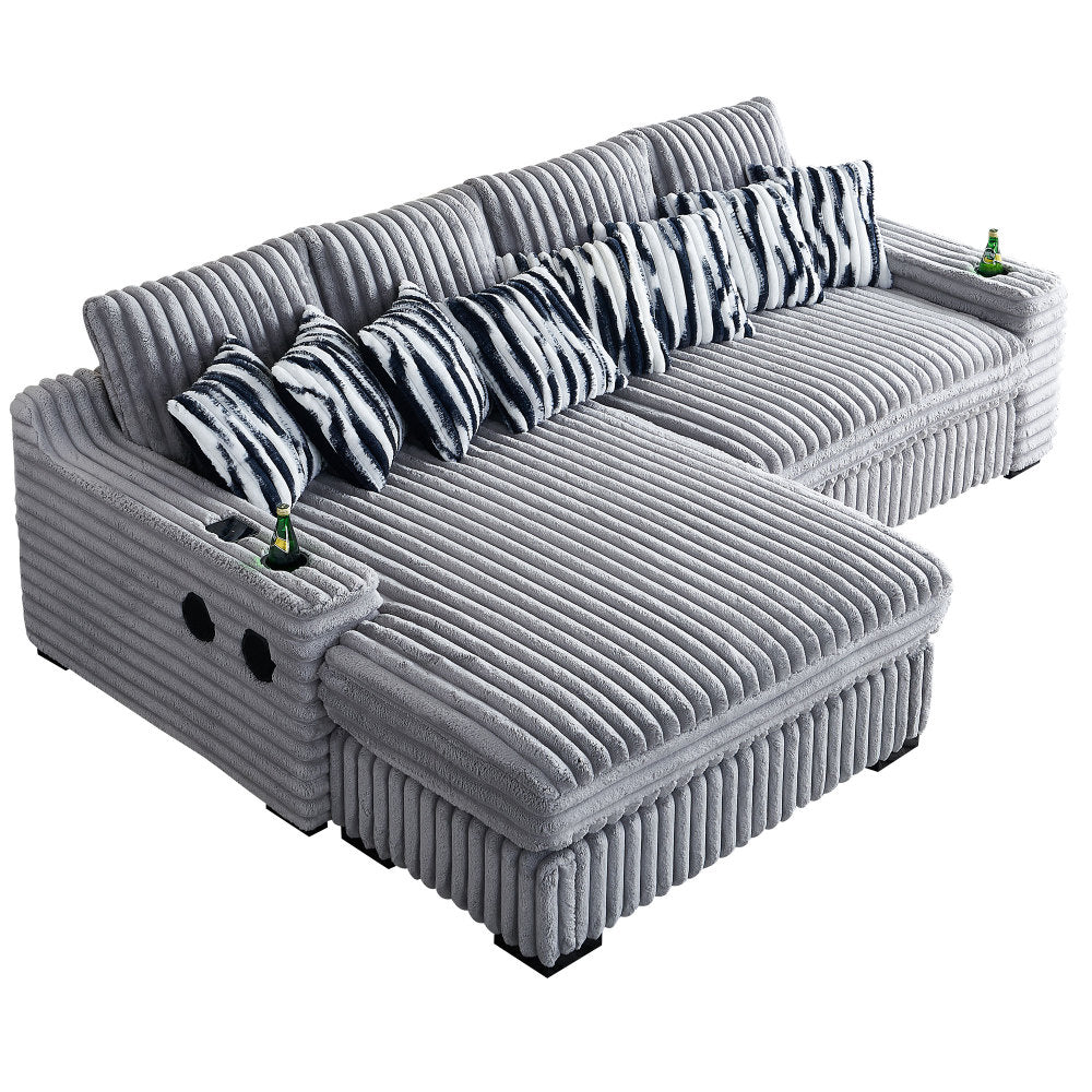 108Inch Modern Sectional Sofa L shape sofa with 4PCS Back Cushions and 8PCS Toss Pillows, Cup Holder,Bluetooth Speaker,Wireless Charger,USB Ports for Living Room,Beige