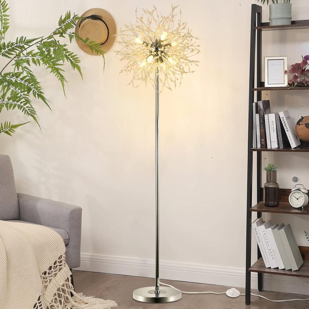 Crystal Floor Lamp for Bedroom, Floor Lamp for Living Room, Elegant Standing Lamp, 69" Tall Pole Lamp, Modern Floor Lamp for Room Decor, 32 Firework Crystal Harnesses Included, Chrome Finish