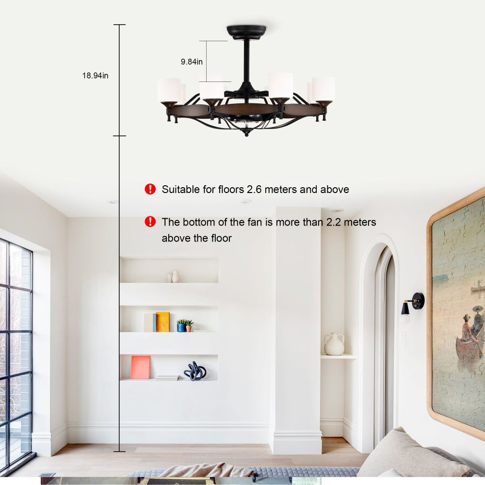 Dia 33 inch Chandelier Ceiling Fan With Remote Control,DC Motor ,6 Speed,3 ABS Blades for Bedroom Dining Room Living Room Kitchen Farmhouse Entry,Matte Black+  Red Wood Grain