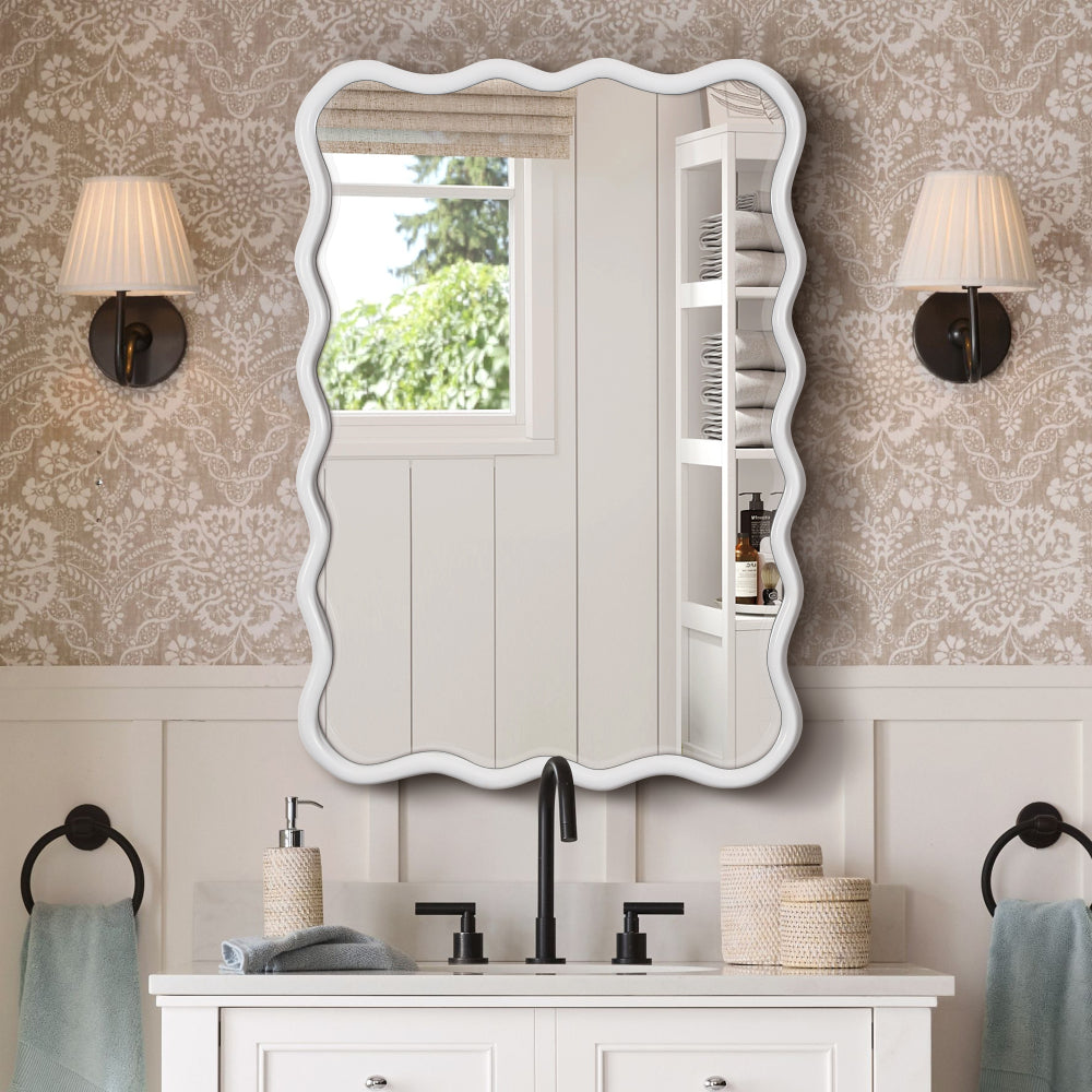 Solid Wood Wavy Rectangle  Mirror-Natural-Wood   40" x 28" Modern Mirror Wall Decor for Bathroom, Bedroom, Living Room, Dining Room, Cloakroom, Entryway
