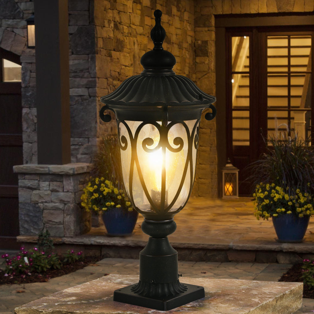 24"(H) 1-pack Vintage Black Outdoor Post Lantern - Waterproof Aluminum Lamp Post Light with Bubble Glass, Decorative Garden Pathway Lighting for Yard, Patio, or Driveway (Bulb Not Included)