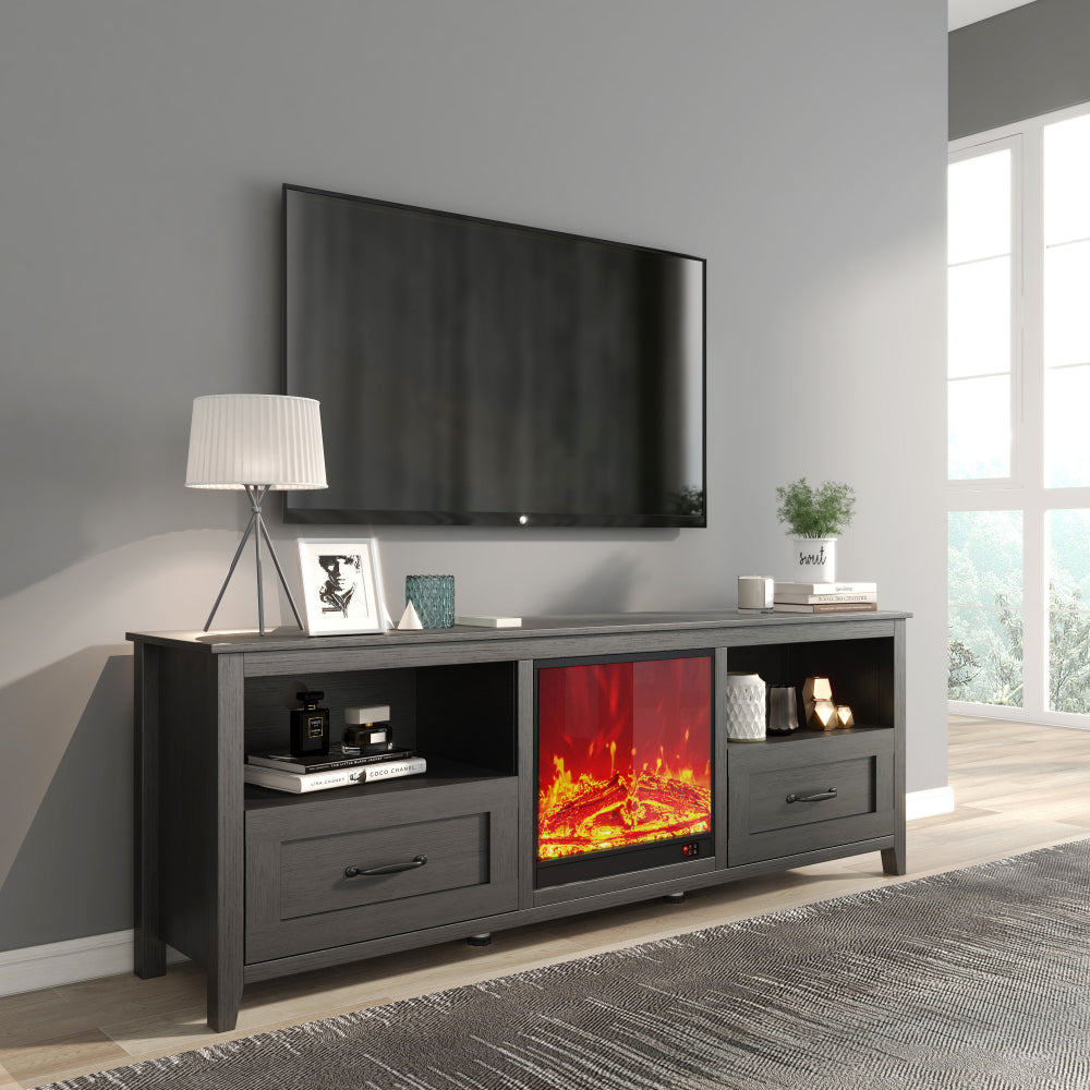 70.08 Inch Length Black TV Stand for Living Room and Bedroom, with 2 Drawers and 4 High-Capacity Storage Compartment,Suitable for fireplace