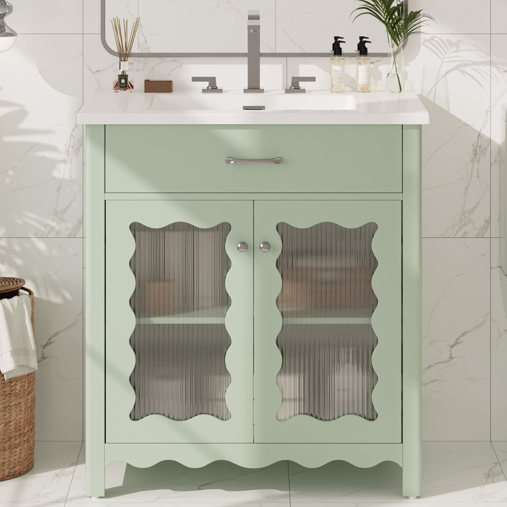 30" Modern Bathroom Vanity with Ceramic Sink, Bathroom Vanity Cabinet with Tempered Blurred Glass and Matte Black Handles, Equipped with Large Storage Space and Rubber Wood Frame, White