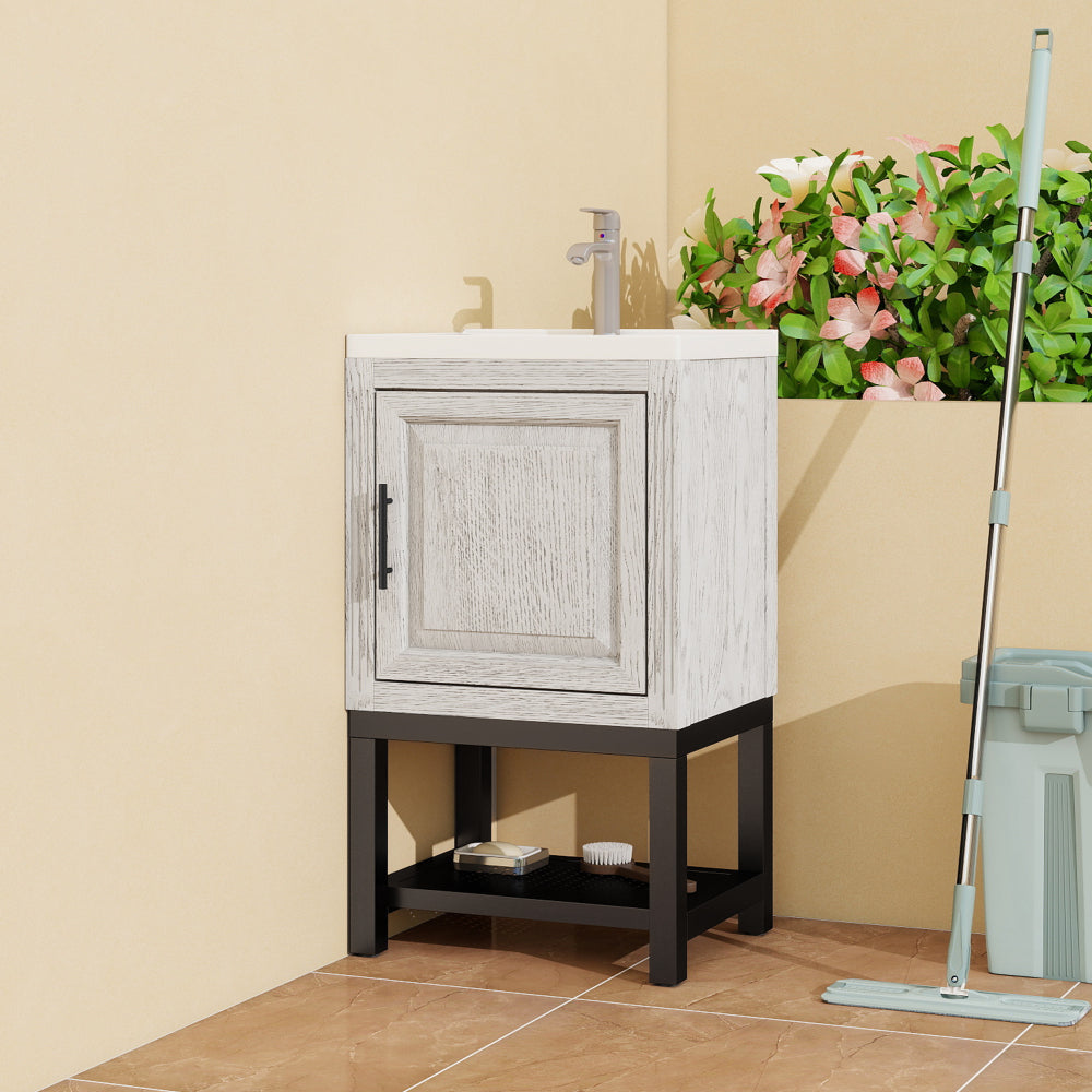 20" Small Bathroom Vanity with Sink & Hot and Cold Faucet, Freestanding Bathroom Cabinet with White Ceramic Basin, Bathroom Storage Organizer with 1 Doors and Open iron Shelf