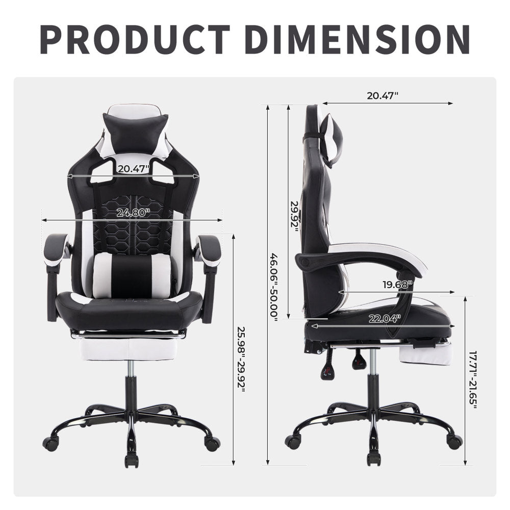 Gaming Chair with Massage,Ergonomic PC Gaming Chair with Footrest Comfortable Headrest and Lumbar Support,High Back PVC Leather,300LBS (Black White)