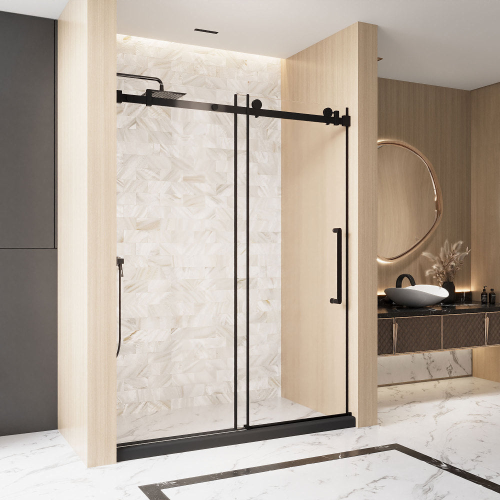 Frameless Single sliding shower door  56-60 "W x 76" H, 1/4 "(6 mm) Clear Tempered Glass, Explosion Proof Film, Stainless Steel Handle Square Tube Track ,Matte Black