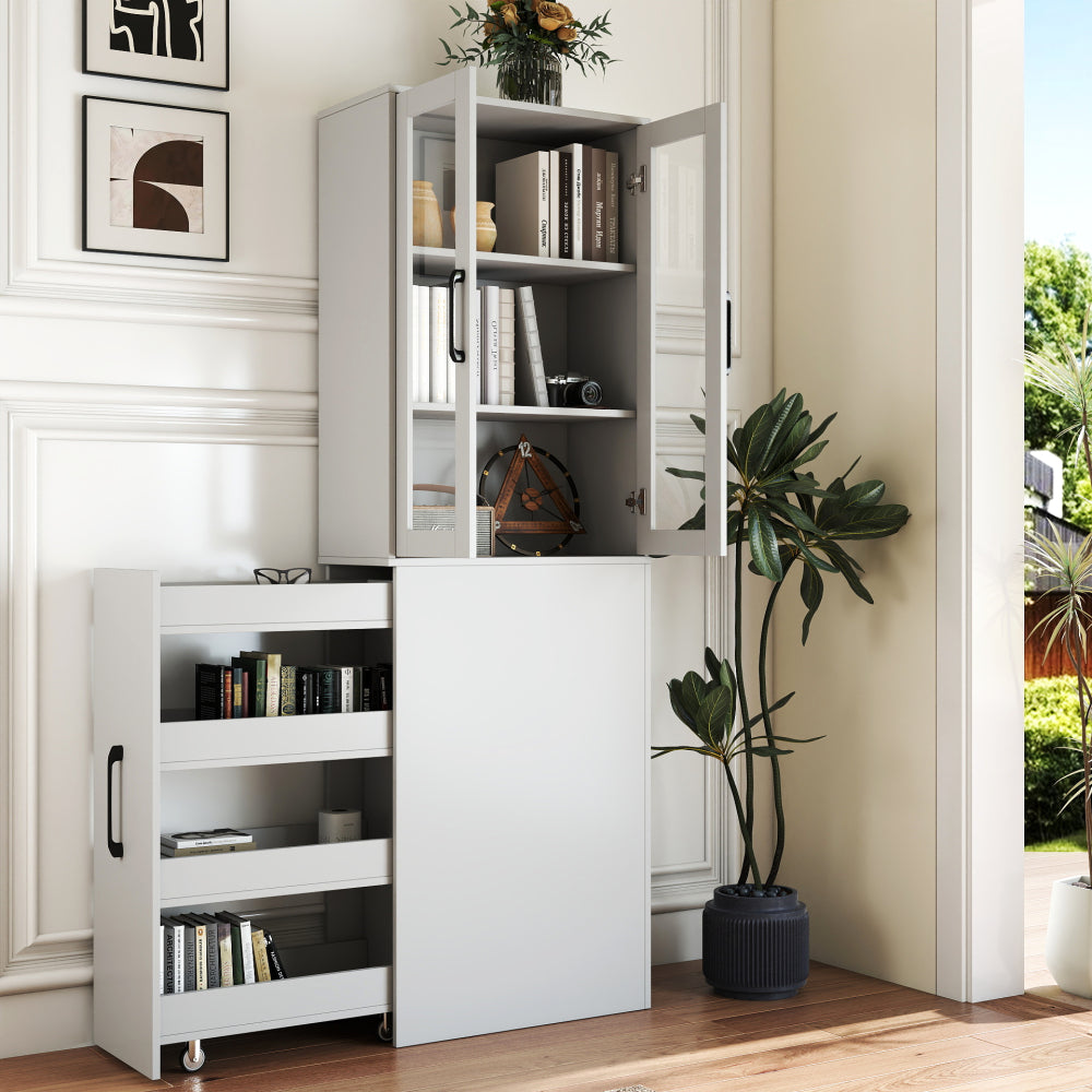 White,Large, Slim Storage Cart, Kitchen Rolling Cart, Narrow Storage Cabinet with Handle & Wheels, Wood Spice Rack Next to Fridge, Pantry Shelf for Kitchen, Small Spaces