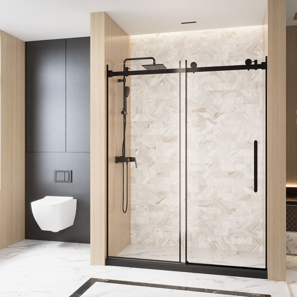Frameless Single sliding shower door  56-60 "W x 76" H, 1/4 "(6 mm) Clear Tempered Glass, Explosion Proof Film, Stainless Steel Handle Square Tube Track ,Matte Black