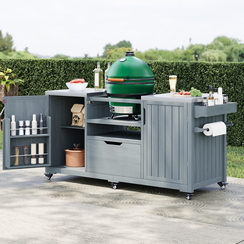 K&K 66.5" Outdoor Kitchen Island for Big Green Egg Grills, Solid Wood Outdoor Grill Cart for Tabletop Grill with Stainless Steel Top, Drawer, Compatible with Large Big Green Egg, Kamado Joe- Grey Blue
