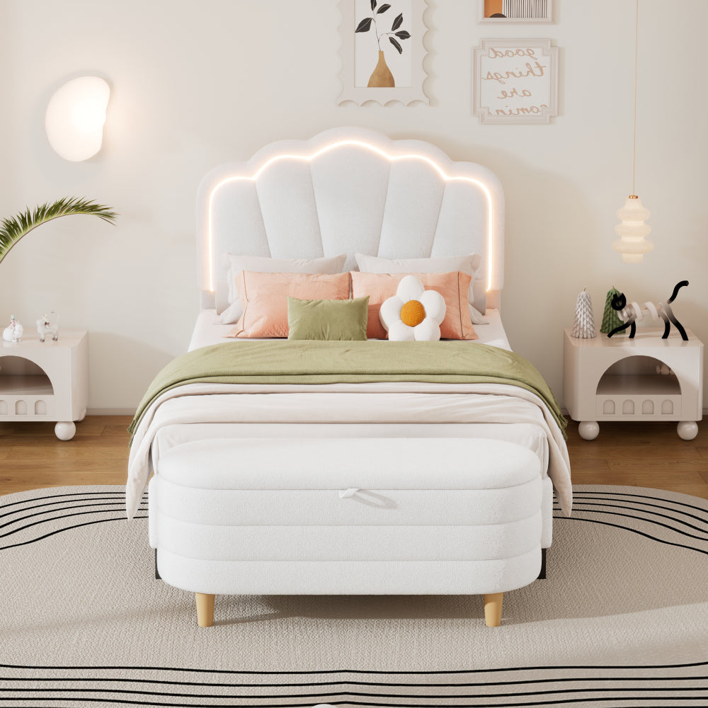 2-Pieces Bedroom Sets Twin Size Flower-Shaped Upholstered LED Platform Bed with Storage Ottoman-Sherpa Fabric, White
