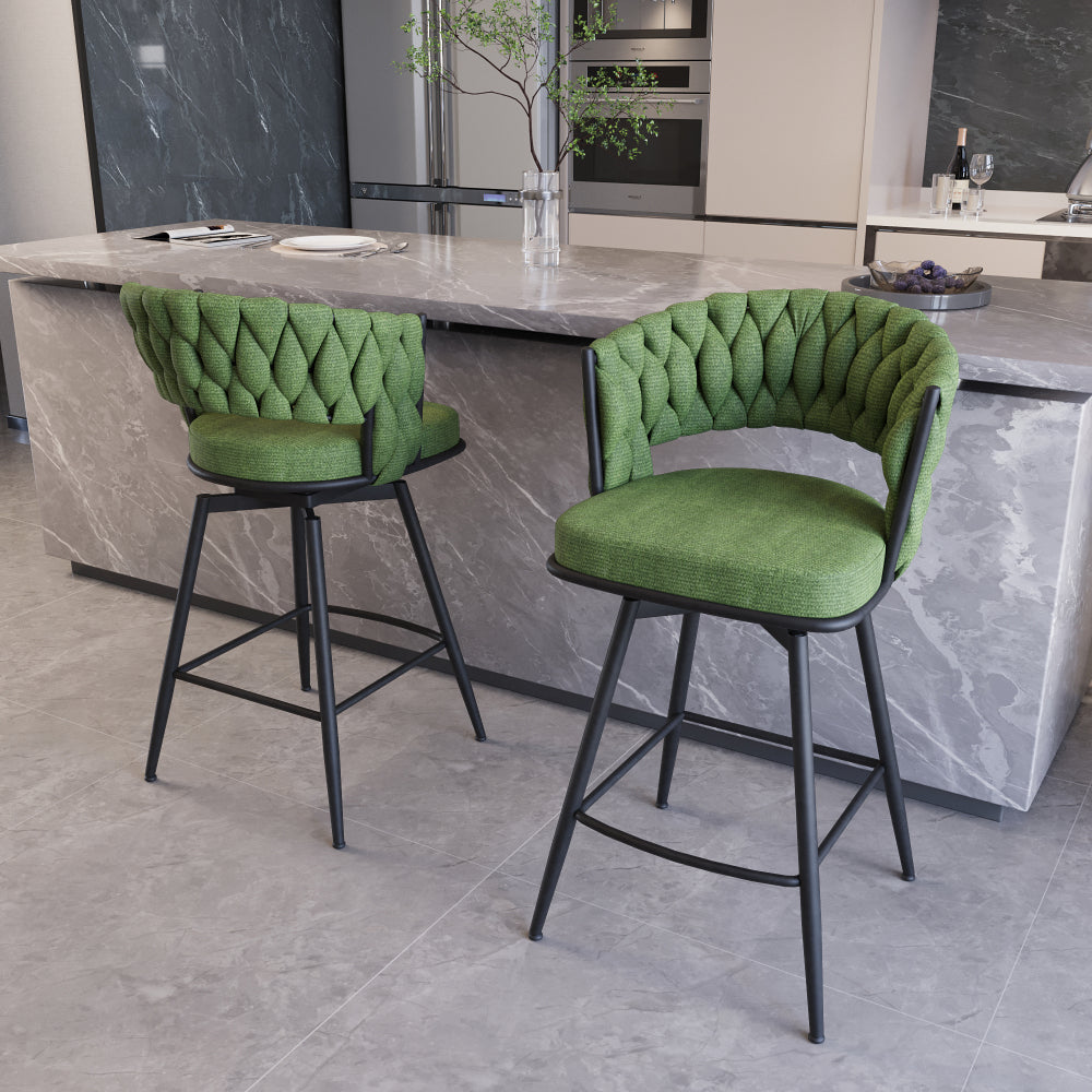 26" Bar Chair Linen Woven Bar Stool Set of 2,Black legs Barstools No Adjustable Kitchen Island Chairs,360 Swivel Bar Stools Upholstered Bar Chair Counter Stool Arm Chairs with Back Footrest (Green)