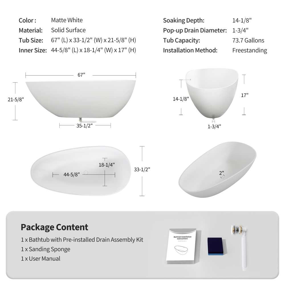 67" Freestanding Solid Surface Bathtub, Luxury Engineered Stone Resin Freestanding Soaking Bathtub with Overflow and Pop-up Drain for Contemporary Bathroom, Matte White 24S02-67MW