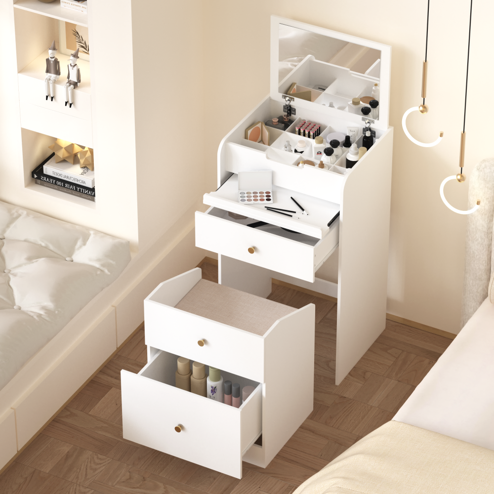 Small Vanity Desk with Mirror - White Makeup Vanitys Set Make up Table with Chair, Drawers, Mini Space Saving Cute Dressing Table for Girls Bedroom Living room