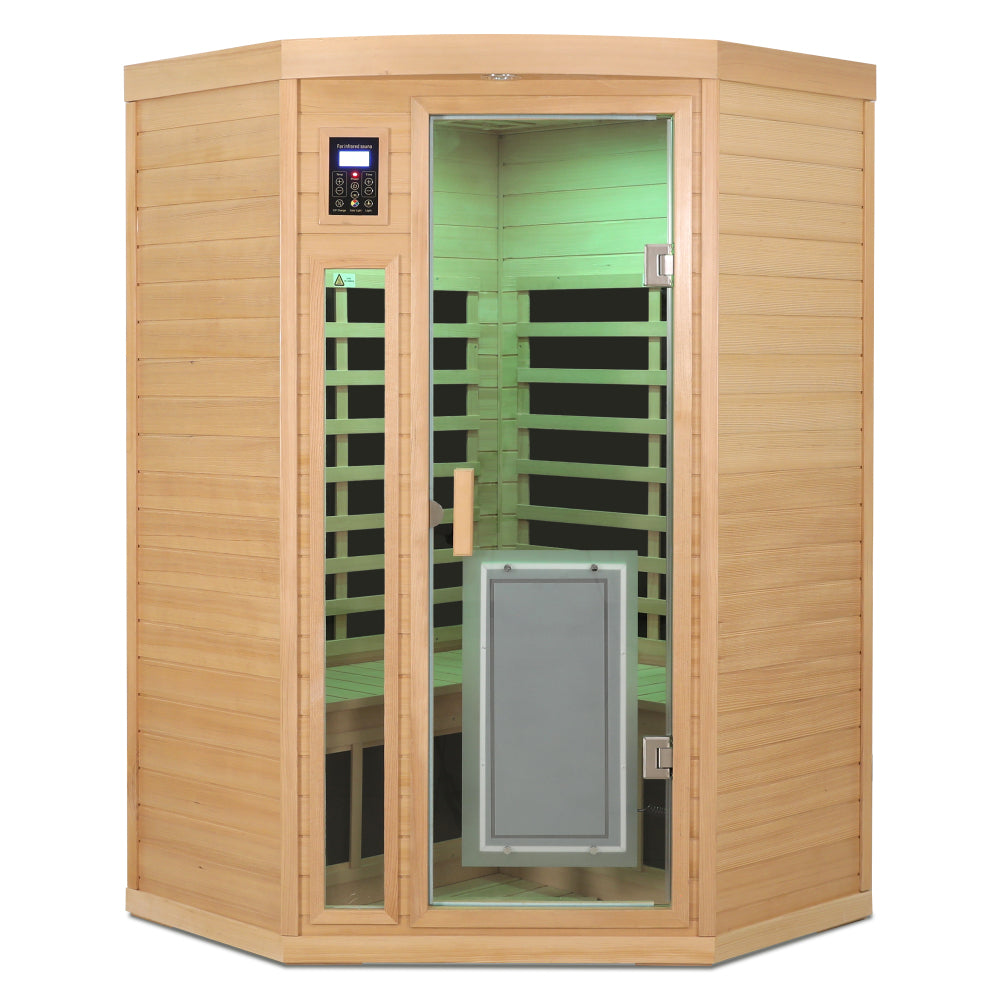 Low EMF Front door with heating panel Two persons Hemlock Far infrared corner Indoor sauna room