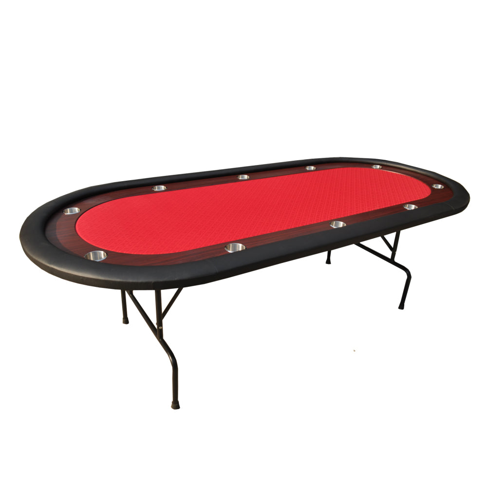 96" Light Series Foldable Poker Table with Wooden Racetrack Felt Stainless Legs Cup Holders Red