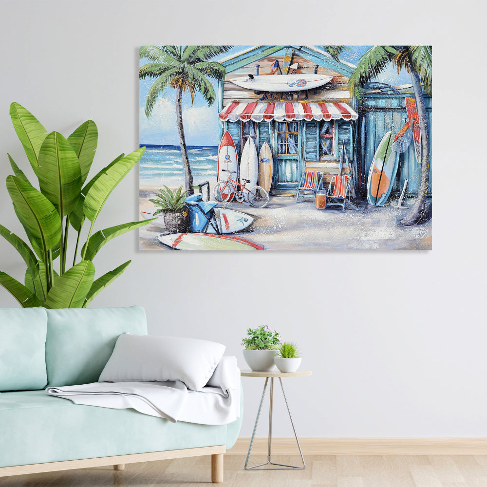 Blue Beach House Surfboard Coconut Tree Ocean Wall Art - Coastal Tropical Landscape Mural Print - Vibrant Seaside Decor for Living Room Bedroom Office decorative picture