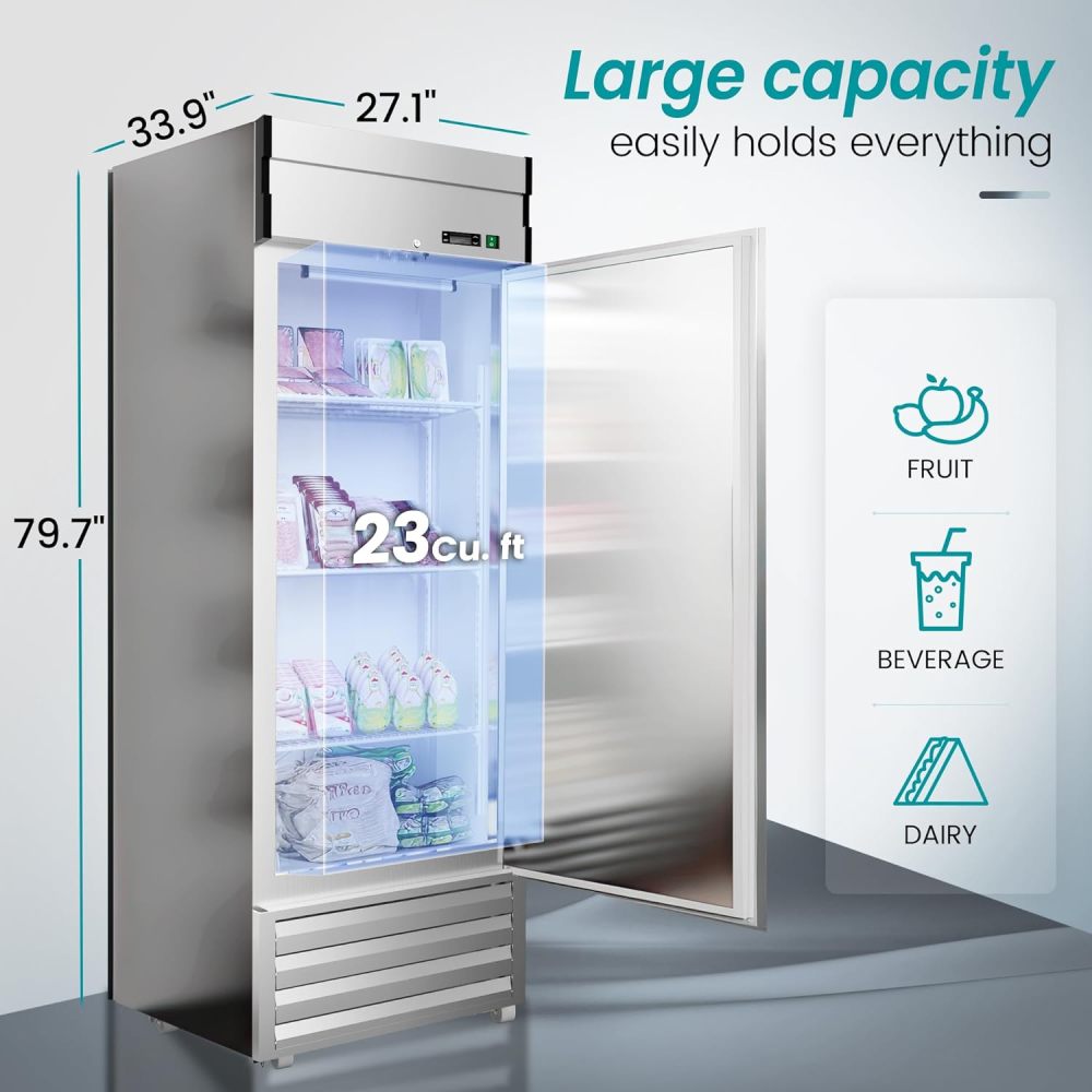 27" W Dynamic Cooling Commercial Refrigerator 23 Cu. Ft OmniSmart Temperature Control 33℉~41℉ Stainless Steel Reach-In Commercial Refrigerator Digital Thermostat LED Lighting 3 Shelves