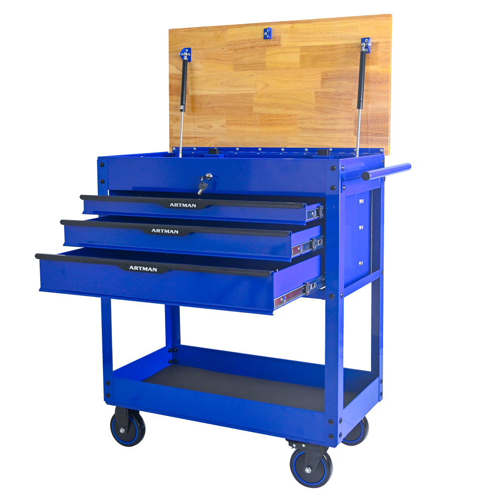 3 DRAWERS MULTIFUNCTIONAL TOOL CART WITH WHEELS AND WOODEN TOP-Blue
