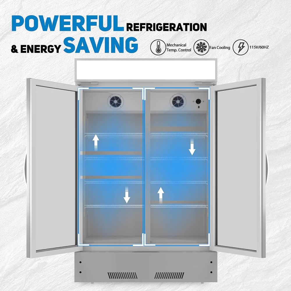 Commercial Refrigerator 2 Glass Door Reach In Cooler, Commercial Display Merchandiser Fridge, Capacity 17.1 cuft, ETL Approved, Silver