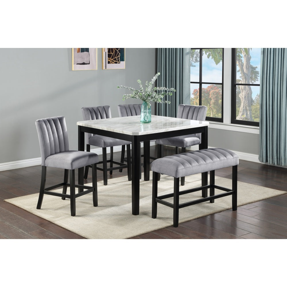 6-Piece Contemporary Dining Set Rectangular Faux Marble Table Top Black Finish Upholstered Chairs Bench Channel Tufting Wooden Solid Wood Dining Room Kitchen Furniture