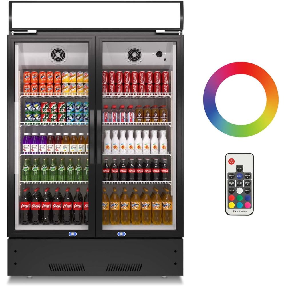 Commercial Refrigerator 2 Glass Door Reach In Cooler, Commercial Display Merchandiser Fridge, Capacity 17.1 cuft, ETL Approved, Black