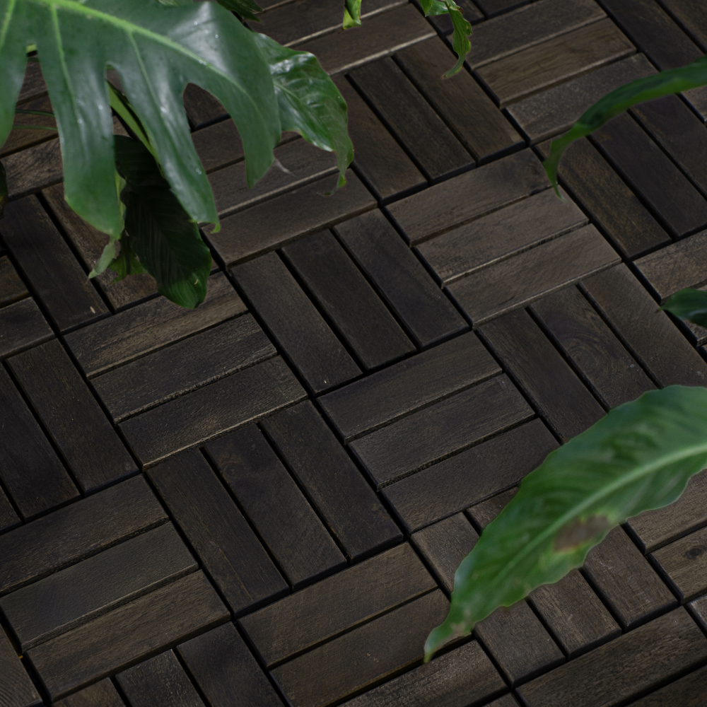 Acacia Wood Interlocking Deck Tiles Checker Pattern, 10PCS 12" x 12" Square Dark Brown Acacia Hardwood Outdoor Flooring for Patio, Bancony, Pool Side,...