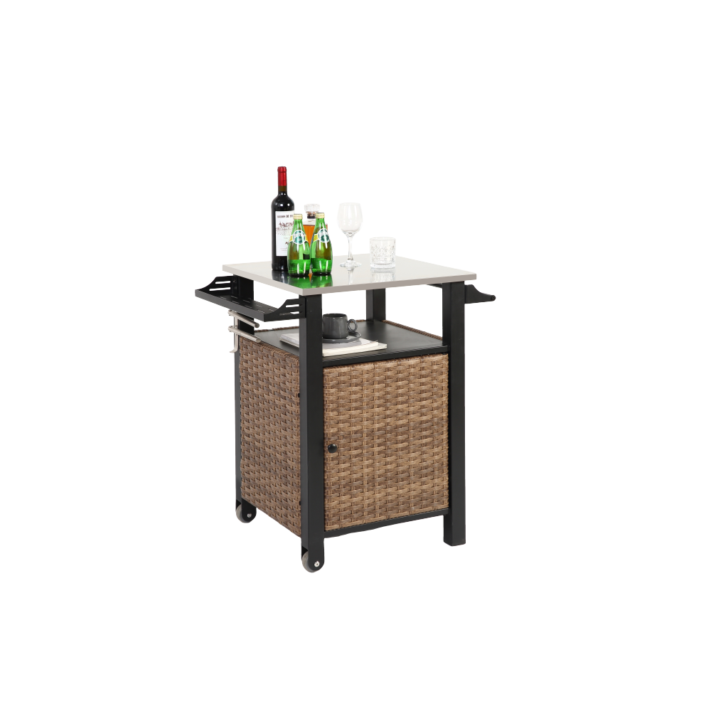 Single door bar cart,Outdoor Kitchen Wicker Island Rolling Cart & Storage Cabinet, Wheels and Stainless Steel Extended Table Top, Side Handle for Patio Kitchen or Bar Cart, Brown