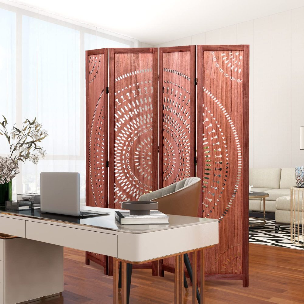 55.2'' W x 65'' H 4 - Panel Solid Wood Folding Room Divider, Brown