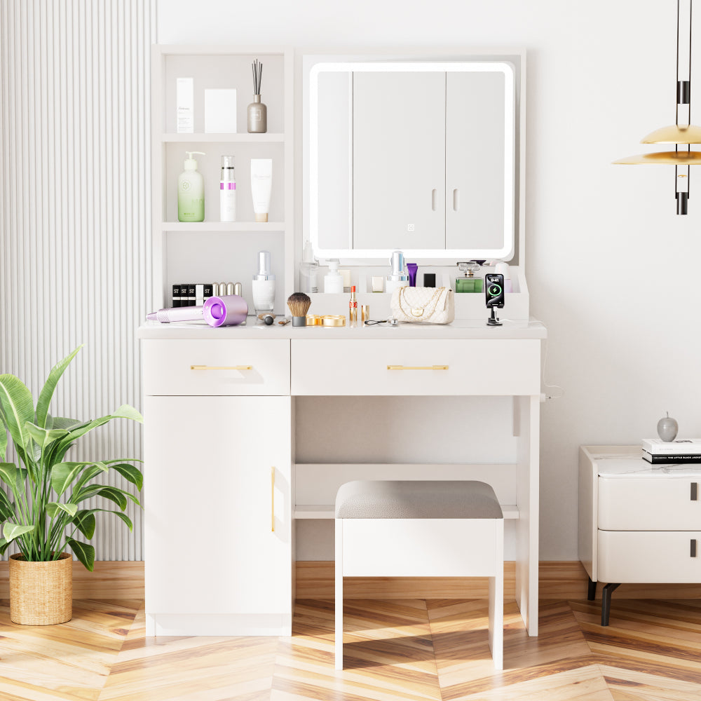 32'' Wide Makeup Vanity Desk with Lighted Mirror and Power Outlet, Dressing Table with Large Storage Space and Cushioned Stool for Bedroom & Studio
