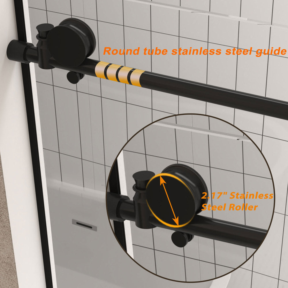 Frameless shower door 56-60 "W x 76" H, 1/4 "(6 mm) Clear Tempered Glass, Explosion Proof Film, Stainless Steel Handle, Matte Black