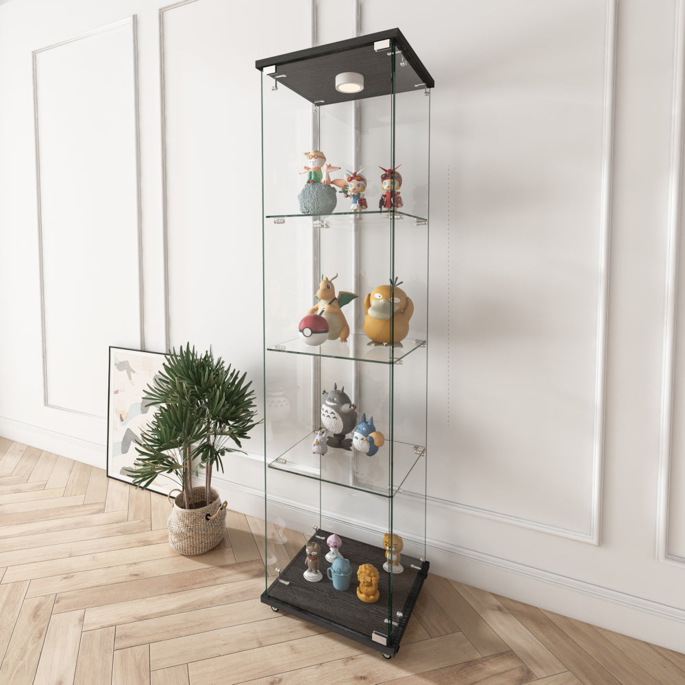 Modern Glass Display Cabinet with LED lights, Quick-assembly Antique Cabinet, Tempered Glass Bookshelf, Suitable for Living Room and Bedrooms, 1-door 4-shelf, Black