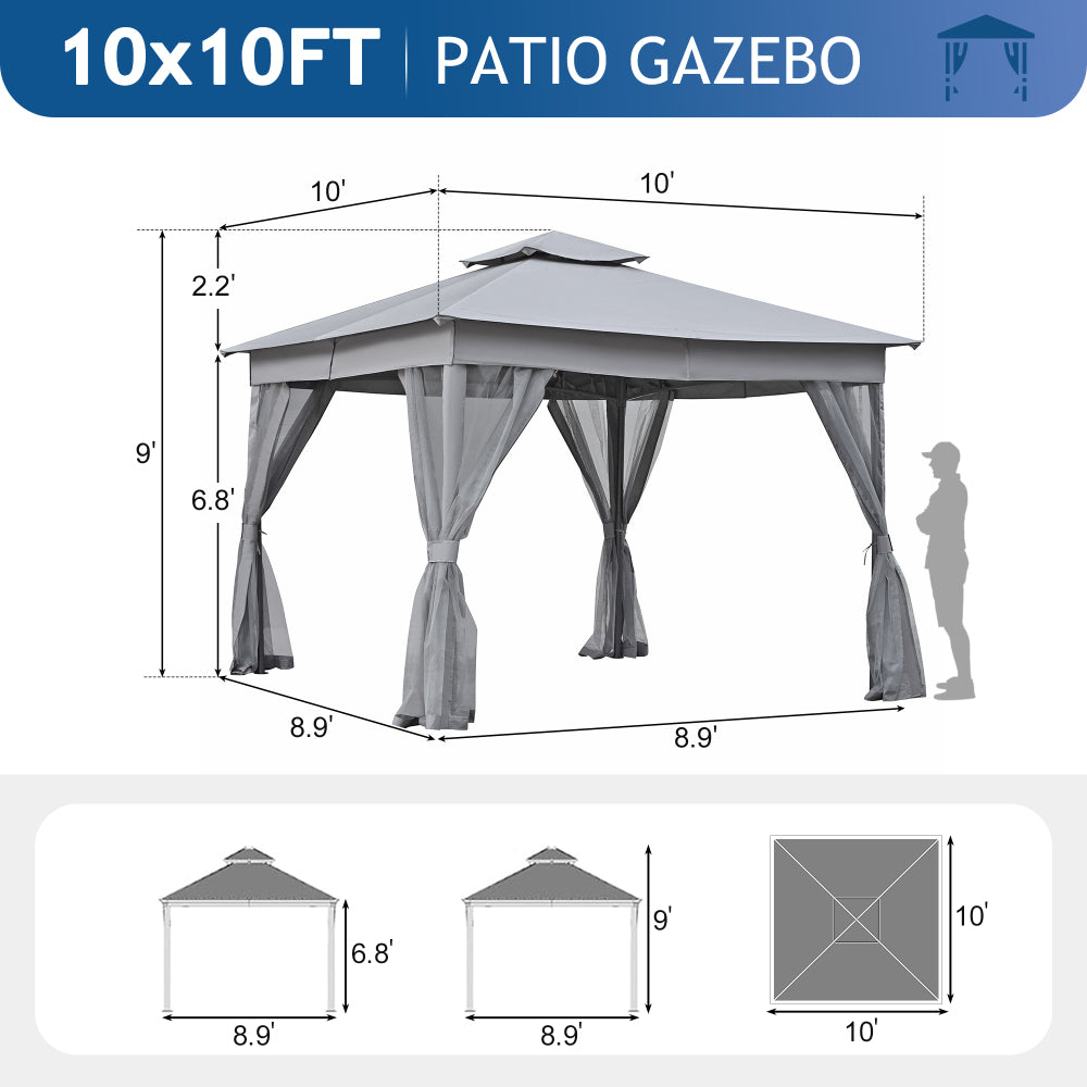 TREXM 10x10 Outdoor Gazebo Tent with Double Roofs, Patio Gazebo with Mosquito Netting, Patio Canopy for Backyard, Garden, Lawn and Deck (Grey)