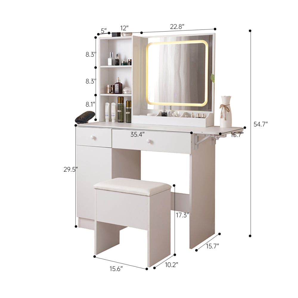 Vanity Desk with Lighted Mirror & Power Outlet, Makeup Vanity Desk with Drawers and Large Storage Cabinet  for Bedroom, 3 Lighting Modes Adjustable Brightness, Storage Stool, White