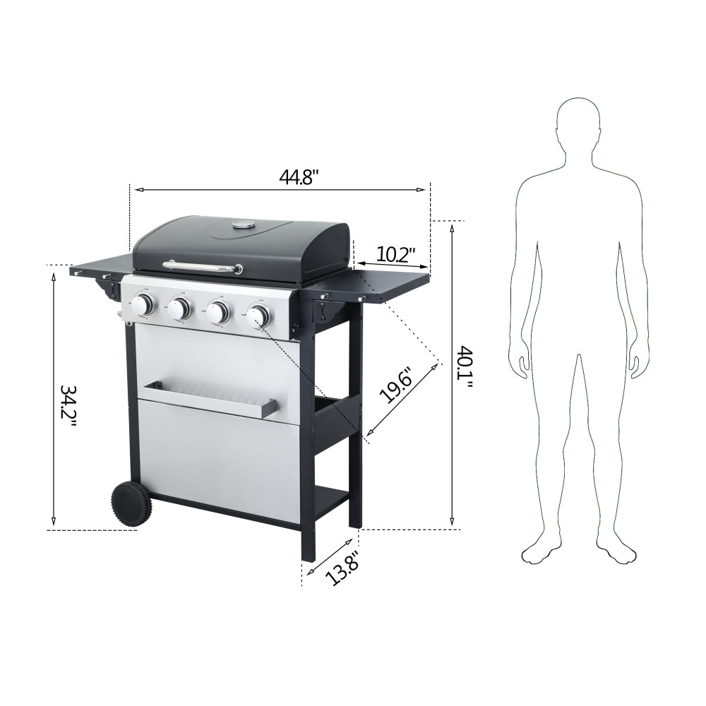 4-Burner Propane Gas BBQ Grill, 34200BTU Output With Wire Enamel Cooking Grids For Outdoor Barbecue, Foldable Side Table, Hanging Basket, Stainless Steel