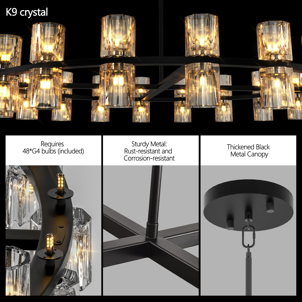 (L005030-D48-P48B/W1340P310779)48 Inches Luxury Chandeliers Crystal Living Room Decorative Lights Simple Modern Dining Room LED Lighting,for Home Decor (Bulbs Included) Black