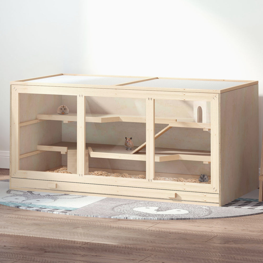 PawHut Extra Large Wooden Hamster Cage, Gerbil Cage, and Other Small Animal Habitat, Hamster Habitat with Opening Roof, Hut, Ramps, Natural