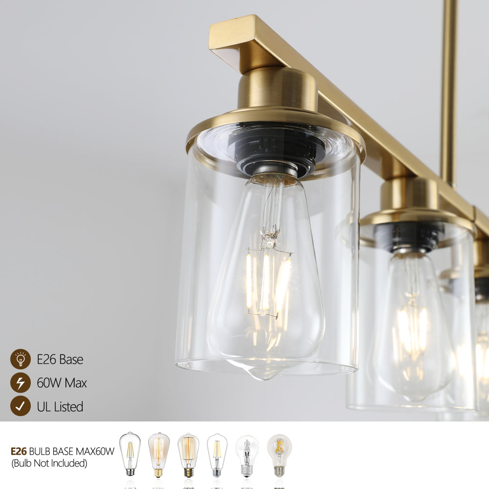 37" Modern Industrial 5-Light Chandelier with Clear Glass Shades, Golden Metal Frame Hanging Ceiling Light Fixture for Dining Room, Kitchen Island, Living Room (No Bulbs)
