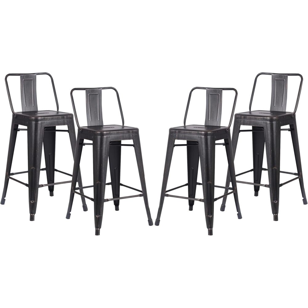 24" Sanded Matte Black Industrial Contemporary Rustic Metal Barstools with Bucket Back, Set of 4